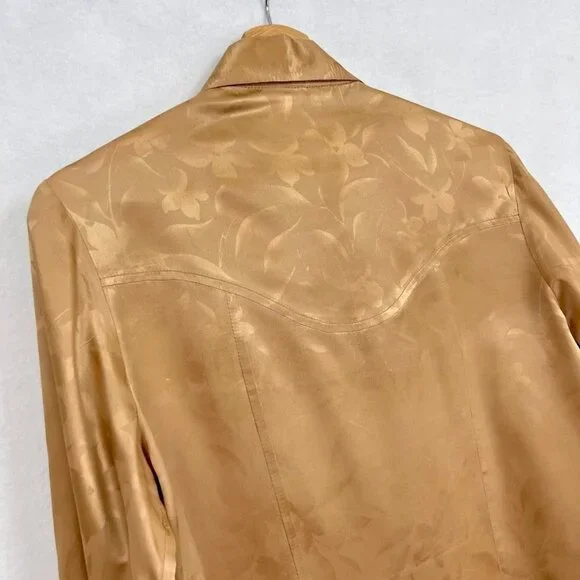 Prior Westerns Vintage Pearl Snap Shirt Floral Grandma Core Shiny 70s Gold L - Picture 4 of 6
